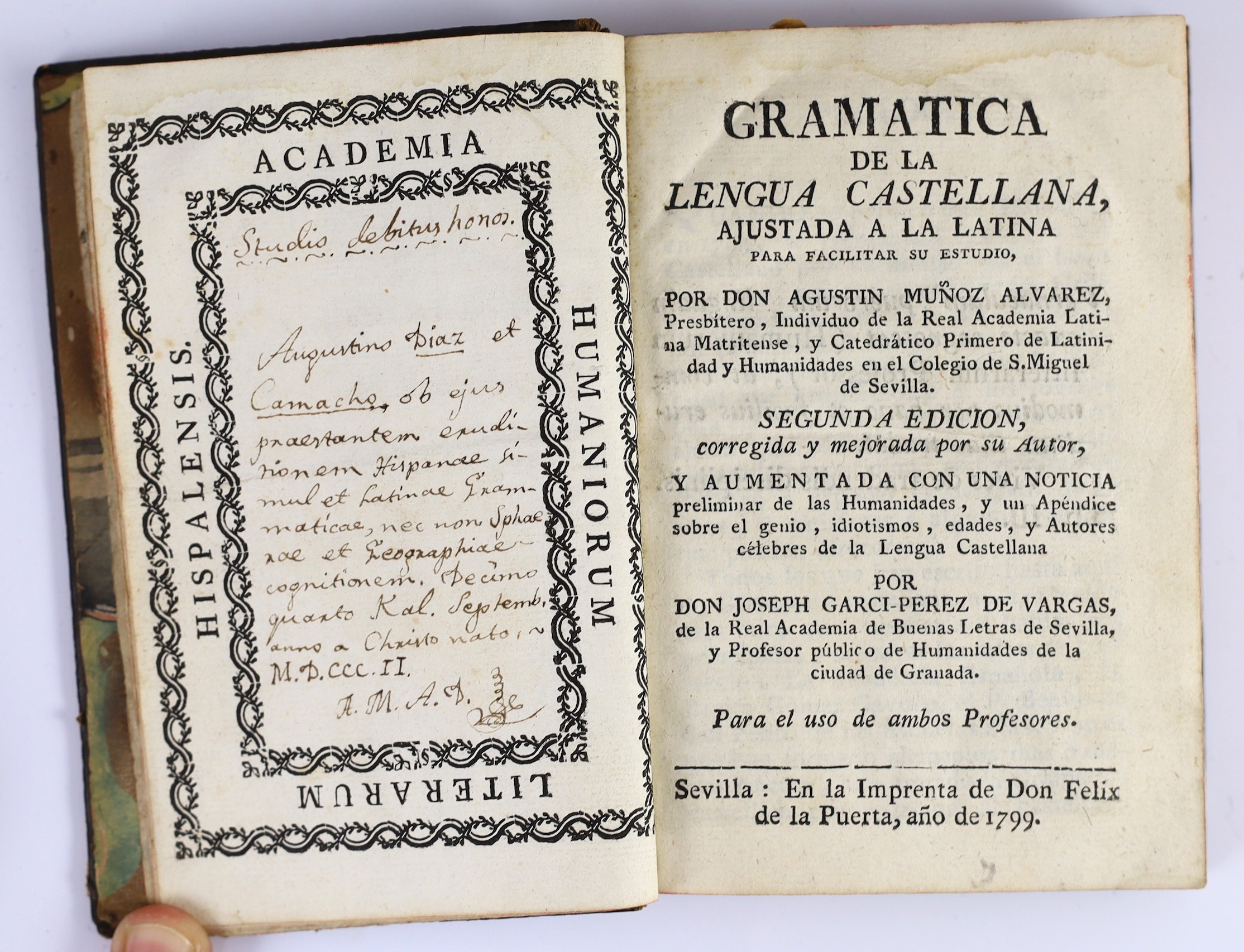 Kalendario Manual y Guia de Forasteros en Madrid, 24mo, red morocco, with coloured engraved map of Spain, lacking portraits, 1817, bound with Estado Militar de Espana, lacking map of Madrid, 1817; Enrique, Jacobo Bernard